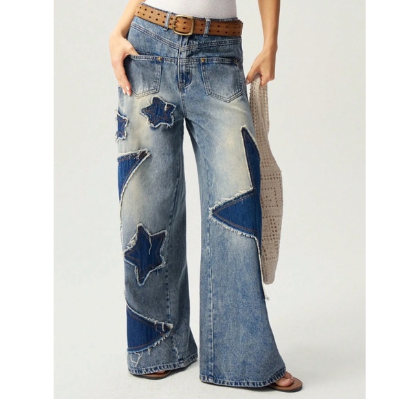 Denim - Western Medium Wash Star Patch Denim Jean Wide leg Pants